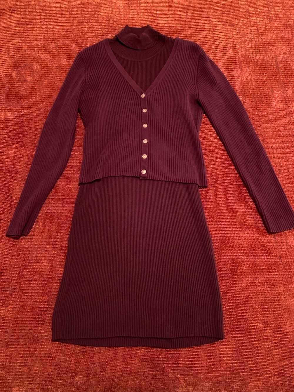 Ribbed Turtle-Neck Body-Con Sweater Dress & Cardigan in Deep Purple (Two-Piece)